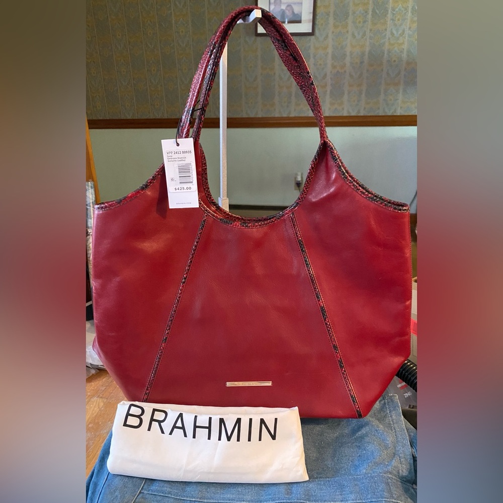 Brahmin Red Leather Women's Bag with snake skin trim. PERFECT FOR THE HOLIDAYS